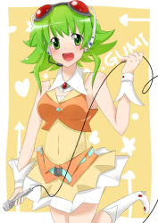Rule 34 | 1girl, bare shoulders, belt, blush, boots, breasts, collar, cropped legs, cuffs, dress, goggles, green eyes, green hair, gumi, hand up, headphones, holding, matching hair/eyes, microphone, open mouth, short hair, skirt, sleeveless, sleeveless dress, smile, solo, vocaloid, white footwear, wrist cuffs
