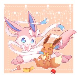 Rule 34 | :3, absurdres, animal focus, artist name, blank eyes, blue eyes, border, bow, bowtie, brown eyes, closed mouth, creatures (company), eevee, eye contact, fluffy, from side, full body, fur collar, game freak, gen 1 pokemon, gen 6 pokemon, hair bow, happy, highres, japanese text, kryztar, looking at another, lying, nintendo, no humans, on stomach, open mouth, orange background, outline, outside border, pawpads, poke ball, poke ball (basic), pokemon, pokemon (creature), ribbon, scissors, signature, sitting, smile, sparkle, split mouth, sylveon, white border, white outline, white ribbon, yellow bow, yellow neckwear, yellow ribbon
