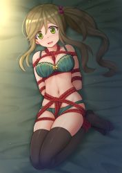 Rule 34 | 1girl, arms behind back, bare shoulders, bdsm, bed sheet, black thighhighs, bondage, bound, bound arms, bound legs, bow, bow bra, bra, breasts, cleavage, crotch rope, fang, full body, green bra, green eyes, green hair, green panties, hair between eyes, highres, inuyama aoi, kazenokaze, legs together, light particles, long hair, looking at viewer, lying, medium breasts, multicolored hair, navel, no shoes, on back, open mouth, panties, red rope, rope, skin fang, solo, stomach, streaked hair, tareme, tears, thighhighs, underwear, underwear only, wavy hair, wavy mouth, yellow bow, yurucamp