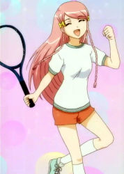 Rule 34 | 00s, gym uniform, kage kara mamoru!, konnyaku yuuna, racket, screencap, shorts, solo, tennis, tennis racket