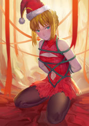 Rule 34 | 1girl, ahoge, alternate costume, aqua eyes, arms behind back, artoria pendragon (all), artoria pendragon (fate), bdsm, blush, bondage, bound, brown pantyhose, cleavage cutout, clothing cutout, club3, fate/stay night, fate (series), hat, highres, meme attire, open-chest sweater, pantyhose, ribbed sweater, rope, saber (fate), santa hat, short hair, sitting, skirt, sleeveless, sleeveless turtleneck, solo, sweater, turtleneck, wariza