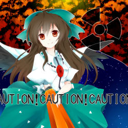 Rule 34 | 1girl, bad id, bad pixiv id, black hair, bow, brown hair, cape, caution, female focus, hair bow, open clothes, radiation symbol, red eyes, reiuji utsuho, smile, solo, tama (soon32281), third eye, touhou, wings