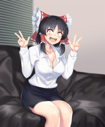 Rule 34 | 1girl, :d, alternate costume, black hair, black skirt, window blinds, blush, bow, breasts, cleavage, collarbone, commentary request, constricted pupils, cookie (touhou), double w, feet out of frame, frilled bow, frills, hair bow, hair tubes, hakurei reimu, hands up, highres, indoors, long sleeves, looking at viewer, manatsu no yo no inmu, medium breasts, meme, miniskirt, open mouth, pencil skirt, red bow, sananana (cookie), shirt, short hair, sidelocks, sitting, skirt, smile, solo, tarmo, thighs, touhou, w, white shirt, yellow eyes, yjsnpi interview (meme)