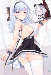 Rule 34 | 1girl, absurdres, apron, ass, azur lane, bare shoulders, bottle, bow, breasts, character doll, commentary request, covered erect nipples, cowboy shot, cuffs, cup, dido (azur lane), dress, drinking glass, frilled dress, frills, hair bow, hairband, highres, large breasts, long hair, looking at viewer, maid, maid apron, muka tsuku, panties, parted lips, pink eyes, see-through, silver hair, sleeveless, sleeveless dress, solo, string, thighhighs, tray, underwear, white panties, white thighhighs, wine bottle, wine glass