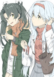 Rule 34 | 2girls, :d, alternate costume, commentary request, green eyes, green hair, green jacket, hair between eyes, headband, jacket, kantai collection, long hair, long sleeves, multiple girls, ninimo nimo, open mouth, pointing, red headband, red sweater, shoukaku (kancolle), simple background, smile, sweater, twintails, white background, white hair, white jacket, white sweater, yellow eyes, zuikaku (kancolle)