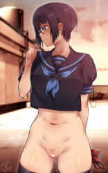 Rule 34 | 1girl, arm behind back, artist logo, barcode, black-framed eyewear, black hair, black sailor collar, black serafuku, black shirt, black thighhighs, blue eyes, blue neckerchief, blunt bangs, bottomless, censored, cleft of venus, cloud, collar, commentary, cowboy shot, cropped shirt, curled fingers, em (totsuzen no hakike), female pubic hair, glasses, gluteal fold, hand up, heart, heart censor, holding, holding collar, holding leash, kohno-san (em (totsuzen no hakike)), leash, light particles, looking to the side, navel, neckerchief, no panties, no pants, orange sky, original, over-rim eyewear, pubic hair, pussy, red collar, rooftop, sailor collar, school uniform, semi-rimless eyewear, serafuku, shirt, short hair, short sleeves, sky, solo, sparse pubic hair, sunset, thighhighs, very short hair, water tower