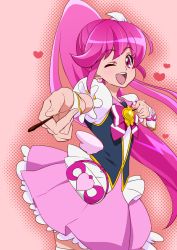 Rule 34 | 10s, 1girl, aino megumi, boots, cure lovely, earrings, hair ornament, happinesscharge precure!, highres, jewelry, long hair, magical girl, open mouth, pink eyes, pink hair, pocky, ponytail, precure, ribbon, skirt, smile, solo, tako (tubewarm), thigh boots, thighhighs, wrist cuffs, zettai ryouiki