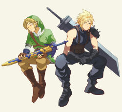 Rule 34 | 2boys, absurdres, armor, belt, blonde hair, blue eyes, buster sword, closed eyes, closed mouth, cloud strife, commentary request, earrings, final fantasy, final fantasy vii, final fantasy vii advent children, final fantasy vii remake, fingerless gloves, gloves, green tunic, hat, highres, holding, jewelry, link, male focus, multiple belts, multiple boys, nintendo, open mouth, pointy ears, pra 11, shirt, short hair, shoulder armor, sitting, sleeveless, sleeveless turtleneck, spiked hair, suspenders, sword, the legend of zelda, triforce, tunic, turtleneck, weapon