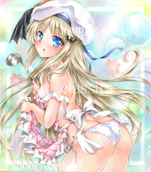 Rule 34 | 1girl, apron, artist name, ass, at classics, bat hair ornament, blonde hair, blue eyes, blush, breasts, covered erect nipples, cowboy shot, frilled apron, frills, from side, hair ornament, hat, holding, kudryavka (ray-kudryavka), ladle, little busters!, long hair, looking at viewer, medium breasts, open mouth, panties, sample watermark, solo, strap slip, traditional media, underwear, very long hair, watermark, white panties