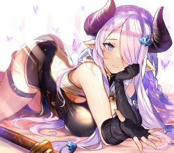 Rule 34 | absurdres, abusoru, asymmetrical gloves, ballpoint pen (medium), black thighhighs, bottomless, braid, bug, butterfly, gloves, granblue fantasy, hair over one eye, highres, insect, narmaya (granblue fantasy), pointy ears, single braid, solo, thigh strap, thighhighs, traditional media, uneven gloves
