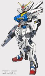 Rule 34 | absurdres, beam rifle, d gundam third, energy gun, grey background, gun, gundam, highres, holding, holding gun, holding weapon, mecha, mobile suit, no humans, open hand, peter (peter6409), robot, science fiction, simple background, solo, under the gundam: double fake, v-fin, weapon, yellow eyes