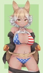Rule 34 | 1girl, american flag, american flag bikini, american flag print, animal ears, bare shoulders, bikini, bikini under clothes, breasts, brown hair, c:, closed mouth, clothes lift, clothes pull, collarbone, cowboy shot, coyote (kemono friends), dark-skinned female, dark skin, drias, extra ears, flag print, flashing, furrowed brow, gloves, grey hair, groin, highres, kemono friends, kemono friends v project, large breasts, legs apart, lifted by self, light brown hair, long sleeves, looking at viewer, medium hair, multicolored hair, navel, off shoulder, open clothes, open shirt, parted bangs, print swimsuit, shirt lift, shirt under shirt, shorts, shorts pull, skirt, skirt lift, smile, solo, stomach, swimsuit, virtual youtuber, yellow eyes