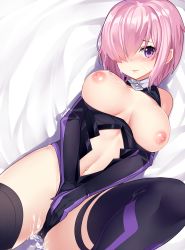 Rule 34 | 1girl, between legs, black gloves, black leotard, black thighhighs, blush, breasts, closed mouth, clothing cutout, covering privates, covering crotch, cum, cum on body, cum on lower body, elbow gloves, fate/grand order, fate (series), gendo0032, gendo0033, gloves, hair over one eye, hand between legs, large breasts, leg up, leotard, looking at viewer, lying, mash kyrielight, navel, navel cutout, nipples, on back, open clothes, pink hair, purple eyes, purple gloves, purple thighhighs, short hair, smile, solo, strapless, sweat, thigh strap, thighhighs, thighs