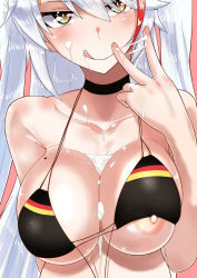 Rule 34 | 1girl, :q, azur lane, bikini, black bikini, blush, breasts, brown eyes, bust cup, choker, close-up, closed mouth, collarbone, cum, cum on body, cum on breasts, cum on upper body, cum pool, facial, flag print, german flag, german flag bikini, glint, hair between eyes, head tilt, highres, jewelry, kurozako, large breasts, long hair, looking at viewer, mole, mole on breast, multicolored hair, nipple slip, nipples, one breast out, pink background, prinz eugen (azur lane), prinz eugen (unfading smile) (azur lane), red hair, ring, silver hair, solo, streaked hair, swimsuit, tongue, tongue out, upper body, v, very long hair, wedding band