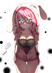 Rule 34 | 1girl, absurdres, ahoge, animal hood, bad id, bad pixiv id, blurry, blush, breasts, camisole, character request, cleavage, closed mouth, collarbone, cowboy shot, depth of field, dr poapo, glasses, green eyes, hair between eyes, hands on headwear, hands up, highres, hood, hood up, hoodie, jacket, lace, large breasts, leaning forward, light, long hair, long sleeves, looking at viewer, low-tied long hair, no pants, original, panties, pink hair, pink jacket, pocket, rabbit hood, red-framed eyewear, shade, shiny skin, signature, smile, solo, standing, taut clothes, thigh gap, underwear, unzipped, very long hair, white background, white panties, zipper