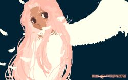 Rule 34 | 1girl, black eyes, check copyright, copyright request, dark-skinned female, dark skin, dress, expressionless, feathers, long hair, looking at viewer, non-web source, ooyari ashito, original, parted lips, pink hair, simple background, solo, upper body, white dress, white wings, wings