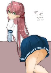 Rule 34 | 10s, 2016, akashi (kancolle), blush, character name, dated, green eyes, highres, irukatto, kantai collection, long hair, looking at viewer, painttool sai, pink hair, sketch, smile, solo, thighs, twitter username, white background