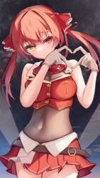 Rule 34 | 1girl, absurdres, belt, breasts, brown belt, cleavage, covered navel, cropped jacket, gloves, hair ribbon, heart, heart hands, heterochromia, highres, hololive, houshou marine, houshou marine (1st costume), jacket, large breasts, leather belt, leotard, leotard under clothes, long hair, looking at viewer, navel, pleated skirt, red eyes, red jacket, red ribbon, red skirt, ribbon, skirt, sleeveless, sleeveless jacket, twintails, uogashi rei, virtual youtuber, white gloves, yellow eyes