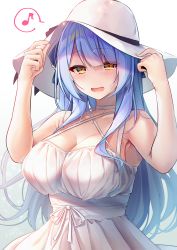 Rule 34 | 1girl, bad id, bad pixiv id, bare shoulders, blue hair, blue hair-chan (ramchi), breasts, cleavage, commentary request, criss-cross halter, dress, eyes visible through hair, gradient background, hair ribbon, halterneck, hands on headwear, hands up, hat, hat ribbon, highres, large breasts, long hair, looking at viewer, musical note, open mouth, original, ramchi, ribbon, signature, solo, sun hat, sundress, upper body, white dress, white hat, white ribbon, yellow eyes