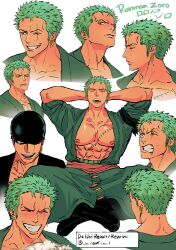 Rule 34 | 1boy, abs, arms behind head, back, bandana, bandana around arm, bare pectorals, black bandana, blush, character name, closed eyes, coat, cropped torso, crossed legs, drooling, earrings, full body, green coat, green hair, haramaki, highres, jewelry, looking at viewer, male focus, mouth drool, multiple views, nipples, nok (nok 1), one eye closed, one eye covered, one piece, open clothes, open mouth, pectorals, red sash, roronoa zoro, saliva, sash, scar, scar across eye, scar on chest, scar on face, short hair, sideburns, simple background, single earring, sitting, sleeping, smile, surprised, sweatdrop, white background