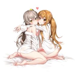 Rule 34 | :3, ass, blush, breasts, brown eyes, brown hair, collared shirt, feet, girls&#039; frontline, grey hair, hair between eyes, hair ornament, hairclip, heart, hug, long hair, long sleeves, looking at viewer, marmoset (marmoset0), medium breasts, multiple girls, naked shirt, off shoulder, one side up, scar, scar across eye, scar on face, seiza, shirt, sitting, smile, toes, twintails, ump45 (girls&#039; frontline), ump9 (girls&#039; frontline), wariza, white shirt, yellow eyes