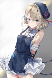 Rule 34 | 1girl, apron, armpit crease, arms behind back, azur lane, badge, bare shoulders, beret, blonde hair, blue eyes, blue hat, breasts, button badge, buttons, closed mouth, collared dress, commentary, dress, frilled dress, frills, hair between eyes, hat, highres, looking at viewer, sankyo (821-scoville), sideboob, sidelocks, sleeveless, sleeveless dress, small breasts, smile, solo, standing, white dress, z23 (azur lane), z23 (the eyecatch in the rye?) (azur lane)