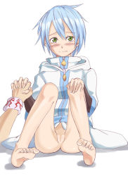 Rule 34 | 1girl, ass, blue hair, blush, bottomless, double arts, feet, figarette elraine, green eyes, holding hands, no panties, pussy, rayphenos, short hair, simple background, sitting, solo focus, tears, uncensored, white background