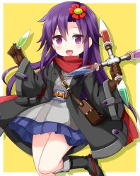 Rule 34 | 1girl, :d, bag, belt, black coat, black footwear, boots, brown belt, brown gloves, carrying, coat, commentary, dress, flower, frilled dress, frills, gloves, goshiki agiri, grey dress, hair flower, hair ornament, highres, holding, kill me baby, leg up, long hair, long sleeves, looking at viewer, open clothes, open coat, open mouth, outside border, purple eyes, purple hair, red scarf, ruu (tksymkw), satchel, scarf, shadow, short dress, shuriken, smile, solo, standing, standing on one leg, vial, weapon, wide sleeves, yellow background