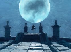 Rule 34 | 1other, ambiguous gender, bloodborne, boots, coat, commentary, from behind, full moon, gazedsoul, gloves, hat, highres, hunter (bloodborne), jumping, moon, moonlight, night, outdoors, scenery, solo, tricorne, wide shot