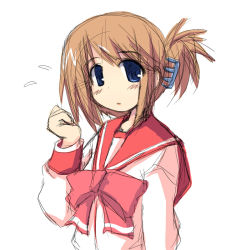Rule 34 | 00s, 1girl, blue eyes, bow, brown hair, folded ponytail, hair up, komaki manaka, kugui kiyunemu, long sleeves, pink bow, ribbon, short hair, simple background, sketch, solo, to heart (series), to heart 2, white background