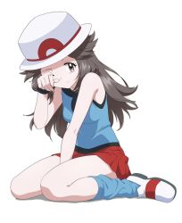 Rule 34 | 1girl, black wristband, blue shirt, blue socks, brown eyes, brown hair, bucket hat, closed mouth, commentary request, creatures (company), full body, game freak, hair flaps, hand up, hat, highres, ia (ilwmael9), leaf (pokemon), long hair, looking to the side, loose socks, nintendo, one eye closed, pleated skirt, pokemon, pokemon frlg, red skirt, rubbing eyes, shirt, shoes, sitting, skirt, sleeveless, sleeveless shirt, socks, solo, white background, white footwear, white hat, wristband