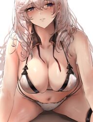 Rule 34 | 1girl, algerie (azur lane), algerie (white sand paradise) (azur lane), azur lane, bare shoulders, bikini, blue eyes, blush, breasts, cleavage, commentary, english commentary, highres, large breasts, liaowen, long hair, looking at viewer, mole, mole under eye, navel, official alternate costume, parted lips, simple background, solo, swimsuit, white background, white bikini, white hair