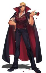 Rule 34 | absurdres, black cape, blonde hair, cape, costume, eyepatch, facial hair, fangs, goatee, halloween, halloween costume, hand on own hip, highres, large pectorals, male focus, muscular, muscular male, one-eyed, one eye covered, pectorals, popped collar, ramon (kof), rkgkjj, scar, scar across eye, scar on face, short hair, simple background, snk, the king of fighters, vampire, vampire costume, white background