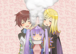 Rule 34 | 1girl, 2boys, aipheion, asbel lhant, blonde hair, blush, coat, ascot, closed eyes, hand on head, headpat, long hair, multiple boys, no nose, pink background, purple eyes, purple hair, red hair, richard (tales), smile, sophie (tales), steam, tales of (series), tales of graces, twintails