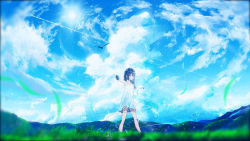 Rule 34 | bare legs, bird, blue hair, blue sky, blurry, blurry foreground, closed mouth, cloud, cloudy sky, commentary request, contrail, day, depth of field, dress, falling leaves, feet out of frame, grass, highres, holding, horizon, leaf, lens flare, looking at viewer, mountainous horizon, original, outdoors, purple eyes, scenery, sky, smile, solo, standing, string, sundress, white dress, y y (ysk ygc)