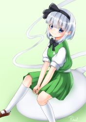 Rule 34 | 1girl, absurdres, artist name, black bow, black bowtie, blue eyes, bob cut, bow, bowtie, brown footwear, commentary request, foot out of frame, green background, green skirt, green vest, hair ribbon, highres, kneehighs, konpaku youmu, konpaku youmu (ghost), light blush, looking at viewer, mary janes, pleated skirt, puffy short sleeves, puffy sleeves, ribbon, rital, shirt, shoes, short hair, short sleeves, silver hair, simple background, sitting, skirt, smile, socks, solo, touhou, vest, white shirt, white socks