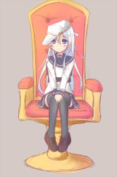 Rule 34 | 10s, 1girl, black thighhighs, blue eyes, blush, chair, grey background, hammer and sickle, hibiki (kancolle), kantai collection, loafers, shoes, silver hair, simple background, sitting, skirt, solo, star (symbol), surume aburi, thighhighs, verniy (kancolle)