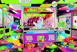 Rule 34 | 1girl, abstract, arcade, arcade cabinet, arm support, arms behind back, artist name, blue skirt, box, broken glass, bullet hole, candy, ceiling, coin slot, colorful, commentary, crane game, crossed ankles, cube, cup, english text, floating, floating object, folding sign, food, from behind, game, glass, glowing, hair between eyes, hair over shoulder, headphones, heart, heart pattern, in container, indoors, knees up, leaning back, long hair, long sleeves, looking at viewer, looking back, machine, magatan, moon, mug, original, parted bangs, pink eyes, pink hair, planet, playing games, pleated skirt, price, prize game, psychedelic, push-button, sailor collar, school uniform, see-through, serafuku, sign, skirt, skirt set, sky, solo, space, splatter, star (sky), star (symbol), starry sky, stuffed animal, stuffed rabbit, stuffed toy, stuffing, surreal, text focus, tile ceiling, tiles, translation request, triangle, wheel, wrapped candy, yen sign