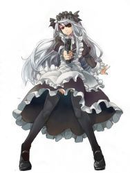 Rule 34 | 10s, 1girl, aiming, aiming at viewer, eyepatch, flat chest, gun, holding, holding gun, holding weapon, infinite stratos, kst69, laura bodewig, long hair, maid, red eyes, silver hair, solo, standing, thighhighs, weapon, white background