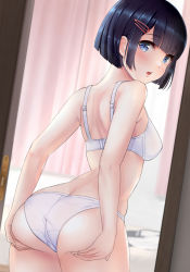 Rule 34 | 1girl, ass, ass support, bare arms, bare shoulders, blue eyes, blue hair, blunt bangs, blush, bob cut, breasts, cowboy shot, doorway, dress, from behind, hair ornament, hairclip, highres, indoors, iwanishi, leaning forward, looking at viewer, looking back, medium breasts, open door, open mouth, original, pov doorway, short hair, underwear, underwear only, white dress