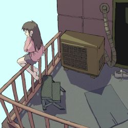 Rule 34 | 1girl, ahoge, air conditioner, arm support, balcony, barefoot, brown eyes, brown hair, brown skirt, closed mouth, full body, hand on own face, hand up, highres, hose, ladder, long hair, long sleeves, madotsuki, on railing, outdoors, pantsu-ripper, pink shirt, pleated skirt, railing, shirt, shoes, sitting, skirt, sky, sliding doors, sneakers, solo, spoilers, stepladder, white footwear, yume nikki