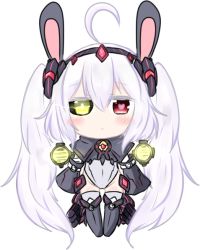 Rule 34 | 1girl, :&lt;, absurdly long hair, ahoge, alternate costume, animal ears, azur lane, bailingxiao jiu, black footwear, black hairband, blush, boots, chibi, closed mouth, detached sleeves, full body, green eyes, hair between eyes, hairband, heart, heart-shaped pupils, heterochromia, knee boots, laffey (azur lane), leotard, long hair, long sleeves, looking at viewer, rabbit ears, red eyes, searchlight, sidelocks, simple background, sleeves past fingers, sleeves past wrists, solo, standing, symbol-shaped pupils, thighhighs, thighhighs under boots, twintails, very long hair, white background, white leotard, white thighhighs, wide sleeves