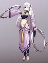Rule 34 | 1girl, absurdres, alternate hair color, anklet, armlet, breasts, bridal gauntlets, chakram, cleavage, detached sleeves, dual wielding, high heels, highres, holding, irisia, jewelry, long hair, midriff, navel, outstretched arm, purple background, purple eyes, purple hair, purple thighhighs, rhy1356, shoes, solo, tartaros online, tassel, thighhighs, very long hair, weapon, white thighhighs, wide sleeves