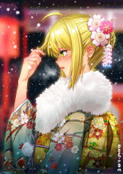 Rule 34 | 1girl, ahoge, alternate costume, alternate eye color, artoria pendragon (all), artoria pendragon (fate), back bow, blonde hair, blurry, blurry background, blush, bow, breath, commentary request, depth of field, ear blush, earrings, fate/grand order, fate (series), floral print, flower, from side, fur, glint, green eyes, hair bun, hair flower, hair ornament, hand up, highres, japanese clothes, jewelry, kimono, long sleeves, obi, outdoors, parted lips, pink lips, print kimono, profile, ring, saber (fate), sash, short hair, shuizhanglang, sidelocks, single hair bun, snowing, solo, stud earrings, wedding band, white kimono, wide sleeves, winter, yellow bow