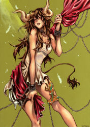 Rule 34 | 1girl, brown hair, chain, demon girl, horns, nabeya sakihana, original, red eyes, solo, traditional media