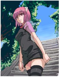 Rule 34 | 00s, 1girl, bad id, bad pixiv id, black dress, day, dress, elfen lied, horns, kaede (character), koma (qqq111), lace, lucy (elfen lied), magenta eyes, nyuu, oekaki, outdoors, pink eyes, pink hair, short hair, sky, solo, stairs, standing, striped clothes, striped thighhighs, thighhighs, tree, zettai ryouiki