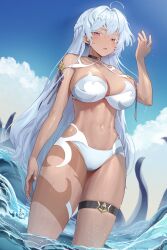 Rule 34 | 1girl, absurdres, ahoge, bikini, black choker, blue sky, braid, breasts, choker, cloud, commentary, dark-skinned female, dark skin, day, epic seven, goback, grey hair, hair ornament, highres, large breasts, lethe (epic seven), long hair, looking at viewer, navel, outdoors, partially submerged, red eyes, sky, solo, standing, swimsuit, tentacles, thigh strap, thighs, wet, white bikini