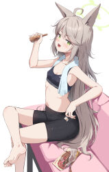 Rule 34 | 1girl, absurdres, ahoge, alternate hairstyle, animal ears, barefoot, bike shorts, blue archive, blush, commentary, crossed legs, flat chest, foot out of frame, fox ears, fox girl, green eyes, green halo, halo, hand up, highres, holding, light brown hair, long hair, looking at viewer, miso (misomiso 154), open mouth, otogi (blue archive), papico (ice cream), sitting, solo, sports bra, toes, towel, towel around neck, very long hair, white background