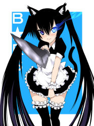 Rule 34 | 00s, 10s, 1girl, alternate costume, animal ears, apron, bad id, bad pixiv id, black hair, black rock shooter, black rock shooter (character), blue eyes, blush, cat ears, cat tail, daive, embarrassed, enmaided, glowing, glowing eyes, highres, k-on!, long hair, maid, maid apron, nakano azusa, solo, sweatdrop, sword, tail, thighhighs, twintails, very long hair, weapon, wrist cuffs