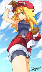 Rule 34 | 10s, 1girl, 2018, adjusting clothes, adjusting headwear, armpits, bare arms, bare shoulders, belt, bike shorts, bike shorts under shorts, blonde hair, blush, breasts, brown gloves, cabbie hat, closed mouth, cloud, covered navel, cowboy shot, dated, day, female focus, from below, gloves, green eyes, hair between eyes, hat, highres, holding, holding clothes, holding jacket, jacket, long hair, looking at viewer, medium breasts, mega man (series), mega man legends (series), outdoors, red hat, red shorts, roll caskett (mega man), short shorts, shorts, shoutaro saito, signature, sky, smile, solo, standing, undershirt, unworn jacket